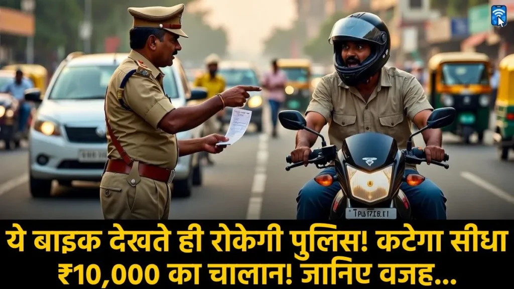 बिना HSRP नंबर प्लेट और मॉडिफाइड साइलेंसर वाली बाइक पर ट्रैफिक पुलिस चालान काटते हुए