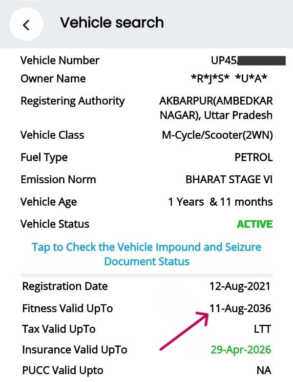 check vehicle fitness validity status